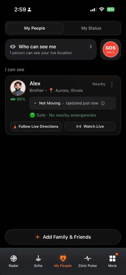 GeoKiks My People home screen showing trusted connections, safety status, and live location actions