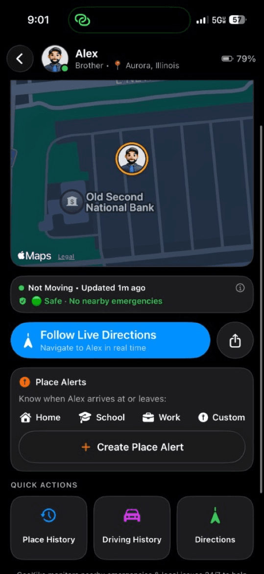 GeoKiks person detail screen with live map, safety status, place alerts, and quick actions